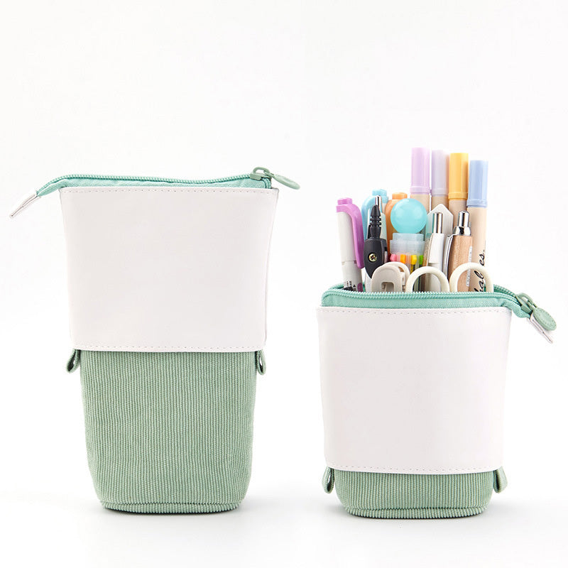 Multifunctional Creative Corduroy Retractable Pencil Case Telescopic Pencil Bag Pen Holder Stationery Case, PU Corduroy Stand-up Retractable Transformer Bag Colorful Organizer