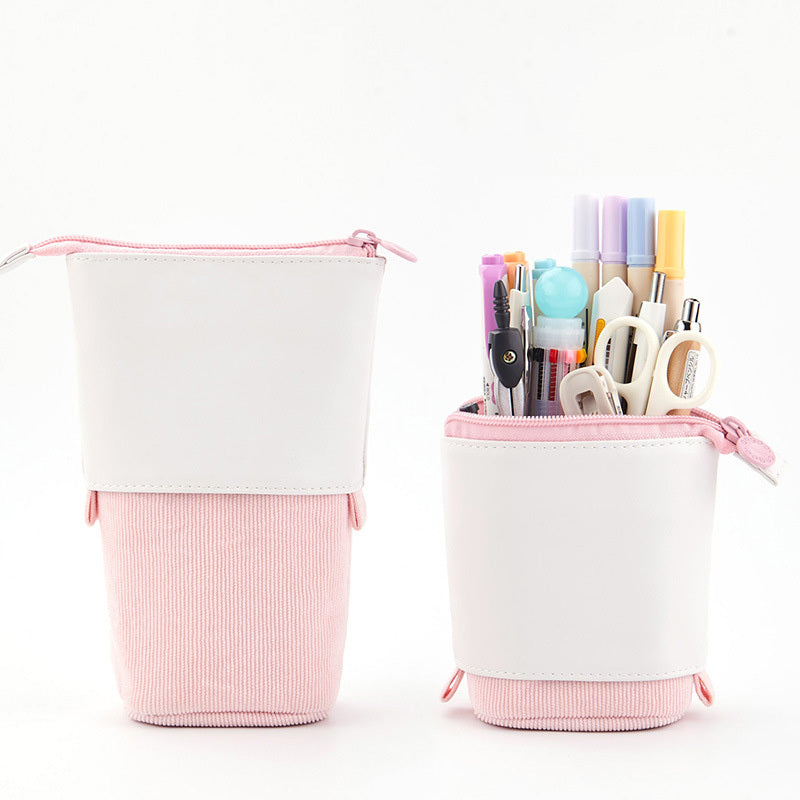 Multifunctional Creative Corduroy Retractable Pencil Case Telescopic Pencil Bag Pen Holder Stationery Case, PU Corduroy Stand-up Retractable Transformer Bag Colorful Organizer