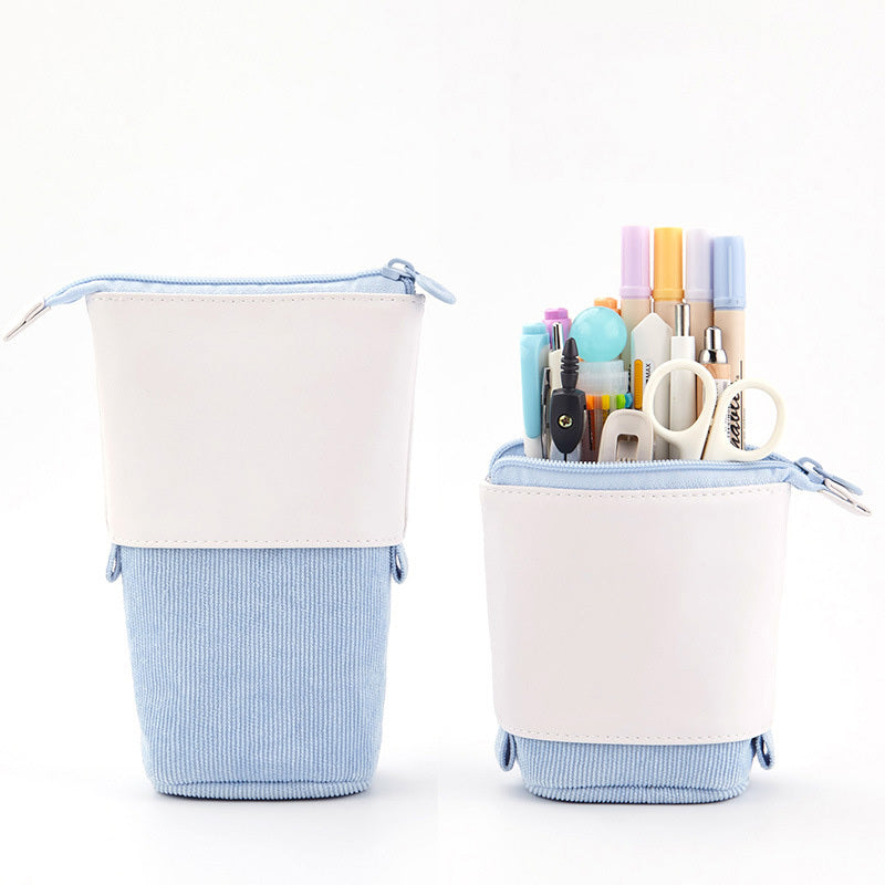 Multifunctional Creative Corduroy Retractable Pencil Case Telescopic Pencil Bag Pen Holder Stationery Case, PU Corduroy Stand-up Retractable Transformer Bag Colorful Organizer