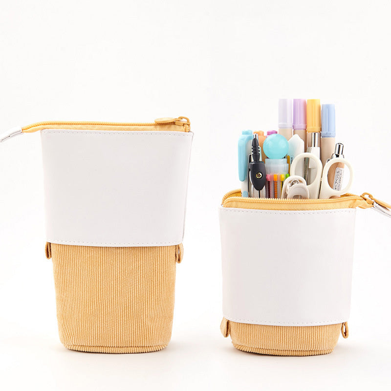 Multifunctional Creative Corduroy Retractable Pencil Case Telescopic Pencil Bag Pen Holder Stationery Case, PU Corduroy Stand-up Retractable Transformer Bag Colorful Organizer