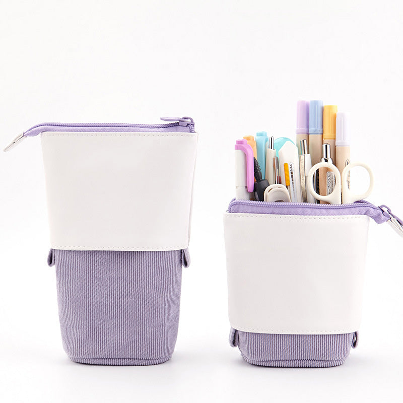 Multifunctional Creative Corduroy Retractable Pencil Case Telescopic Pencil Bag Pen Holder Stationery Case, PU Corduroy Stand-up Retractable Transformer Bag Colorful Organizer