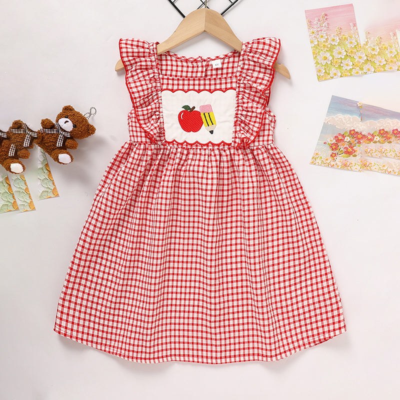 Toddler Girls' Back-to-School Apple Smocked Dress – Embroidered Casual Dress with Flutter Sleeves