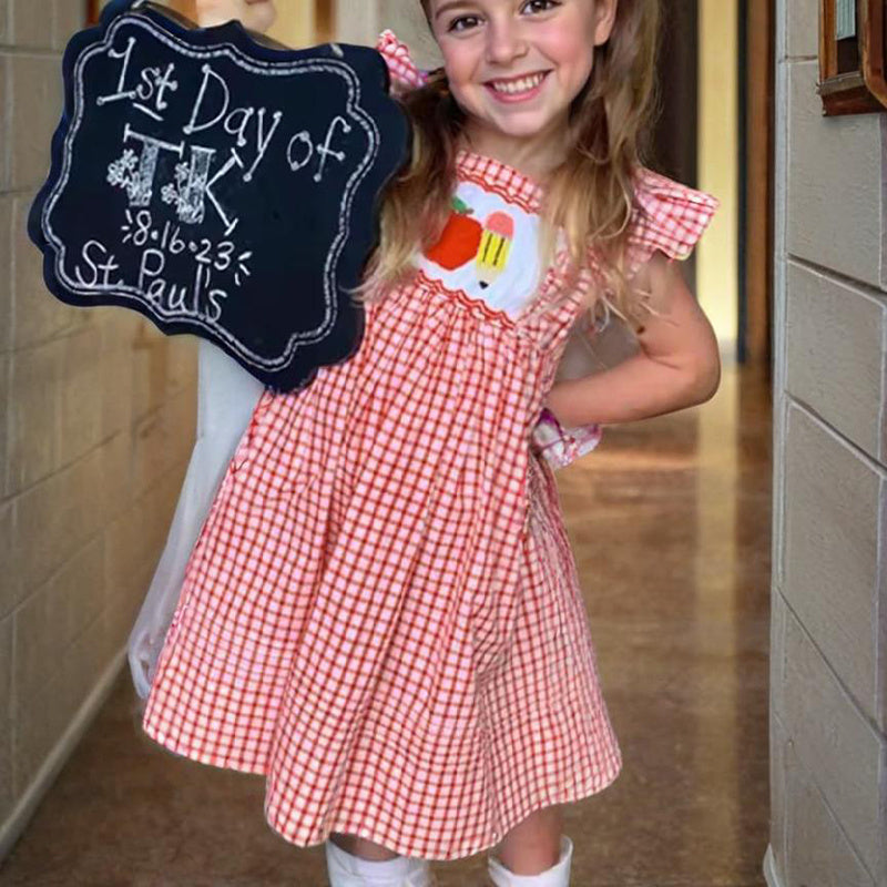 Toddler Girls' Back-to-School Apple Smocked Dress – Embroidered Casual Dress with Flutter Sleeves
