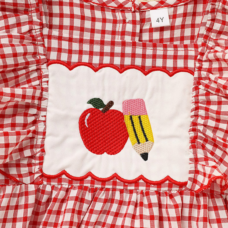 Toddler Girls' Back-to-School Apple Smocked Dress – Embroidered Casual Dress with Flutter Sleeves