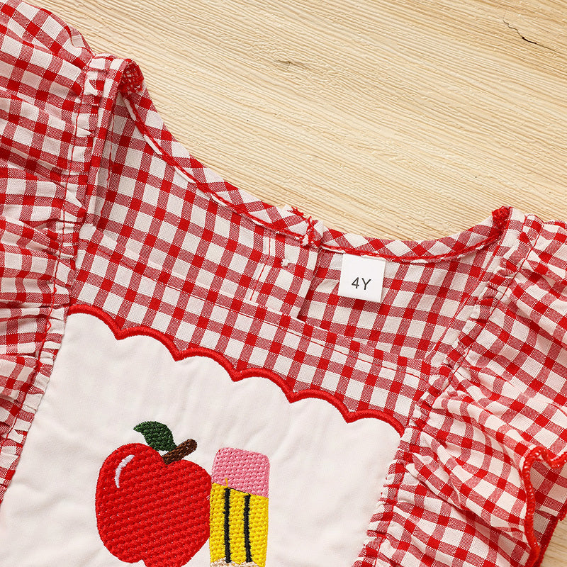 Toddler Girls' Back-to-School Apple Smocked Dress – Embroidered Casual Dress with Flutter Sleeves