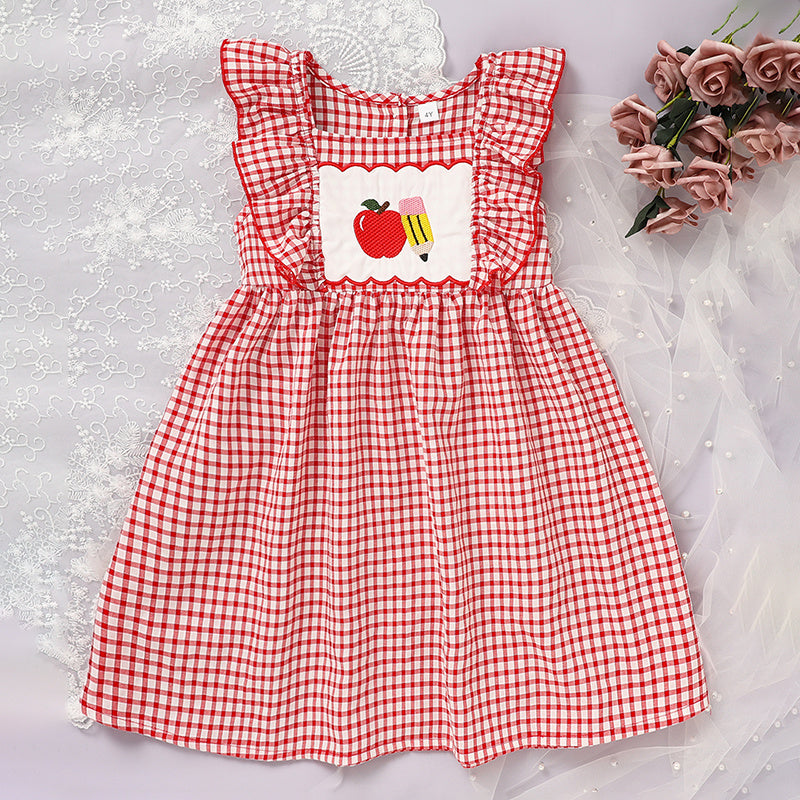 Toddler Girls' Back-to-School Apple Smocked Dress – Embroidered Casual Dress with Flutter Sleeves