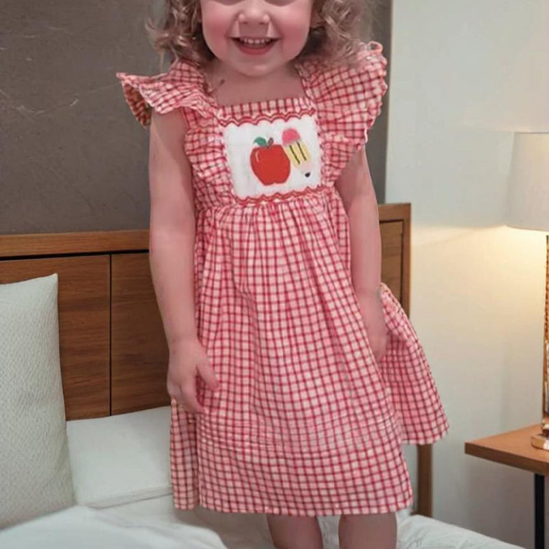 Toddler Girls' Back-to-School Apple Smocked Dress – Embroidered Casual Dress with Flutter Sleeves
