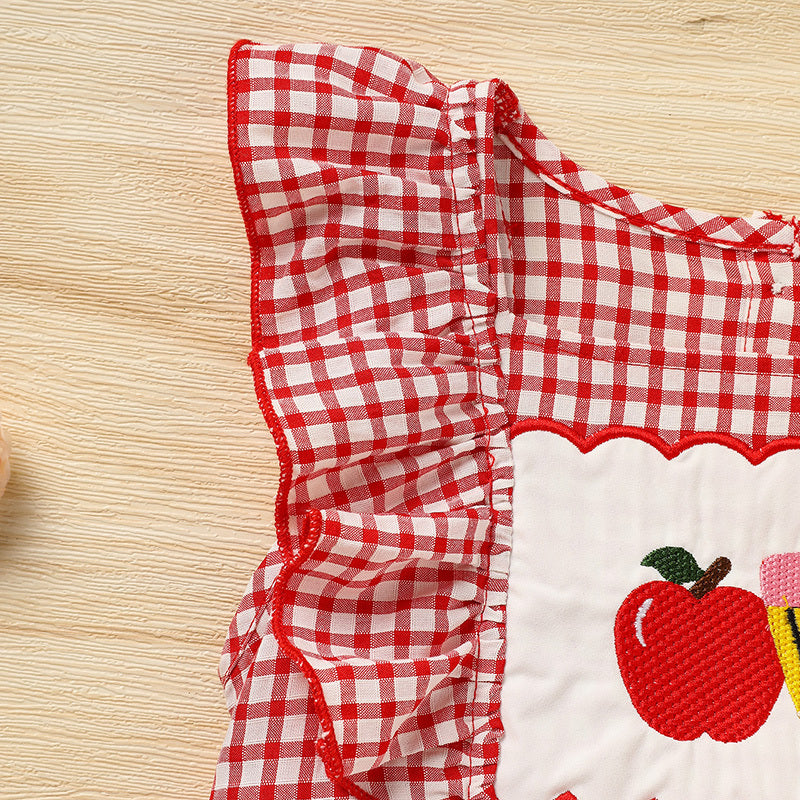 Toddler Girls' Back-to-School Apple Smocked Dress – Embroidered Casual Dress with Flutter Sleeves