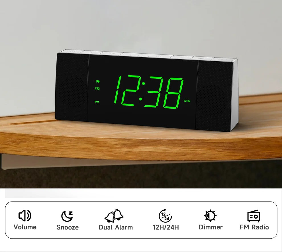 Digital ITOMA Bedside Alarm Clock Radio With Wireless Connection Speaker, Dimmable Jade Green LED Display, FM Radio With Sleep Timer, Dual Alarm With ON OFF Push-button, Snooze, 12 24H 503U