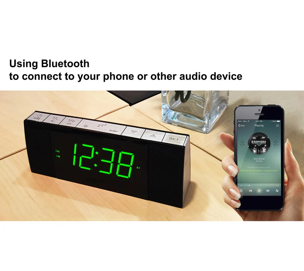 Digital ITOMA Bedside Alarm Clock Radio With Wireless Connection Speaker, Dimmable Jade Green LED Display, FM Radio With Sleep Timer, Dual Alarm With ON OFF Push-button, Snooze, 12 24H 503U