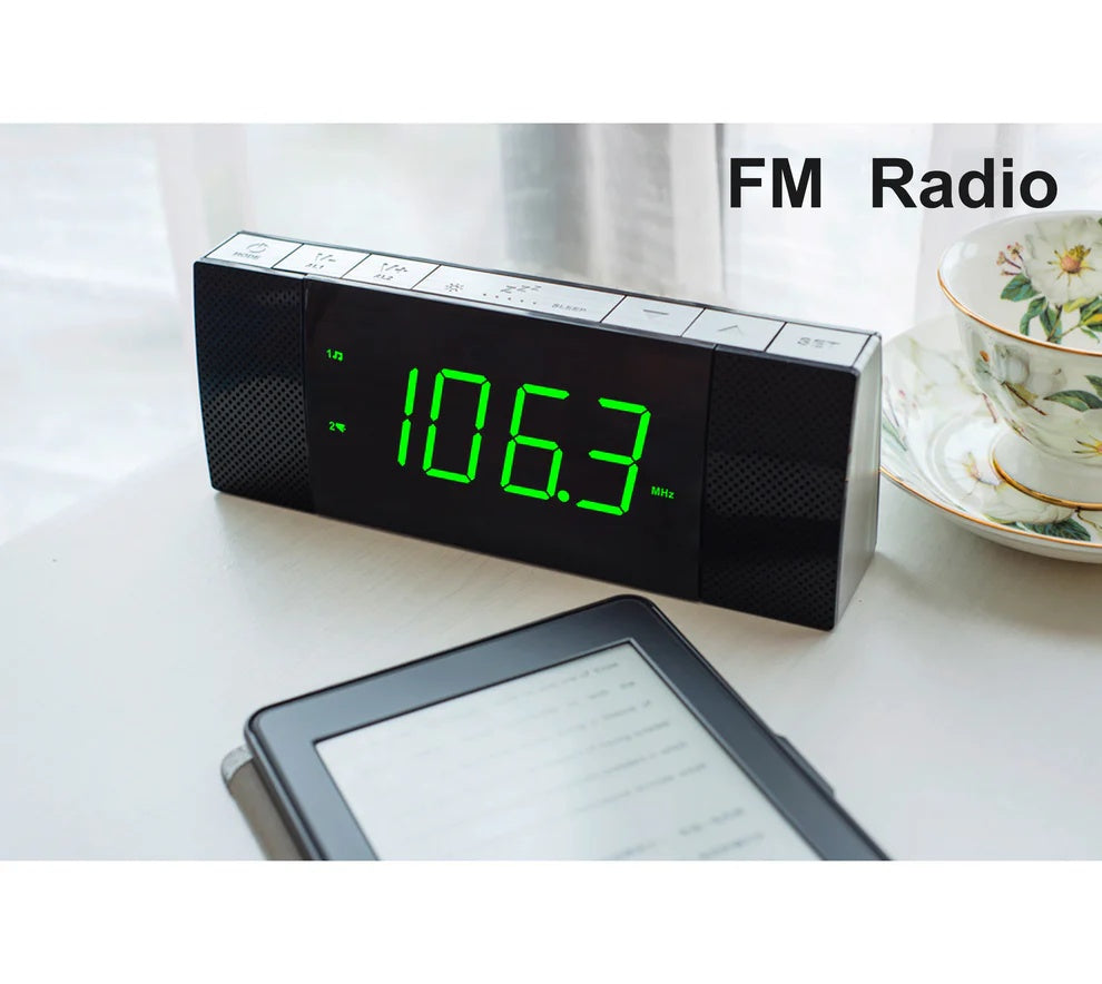 Digital ITOMA Bedside Alarm Clock Radio With Wireless Connection Speaker, Dimmable Jade Green LED Display, FM Radio With Sleep Timer, Dual Alarm With ON OFF Push-button, Snooze, 12 24H 503U