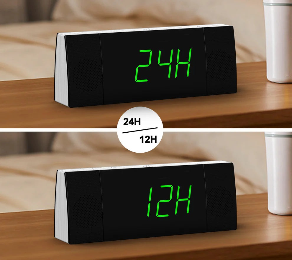 Digital ITOMA Bedside Alarm Clock Radio With Wireless Connection Speaker, Dimmable Jade Green LED Display, FM Radio With Sleep Timer, Dual Alarm With ON OFF Push-button, Snooze, 12 24H 503U