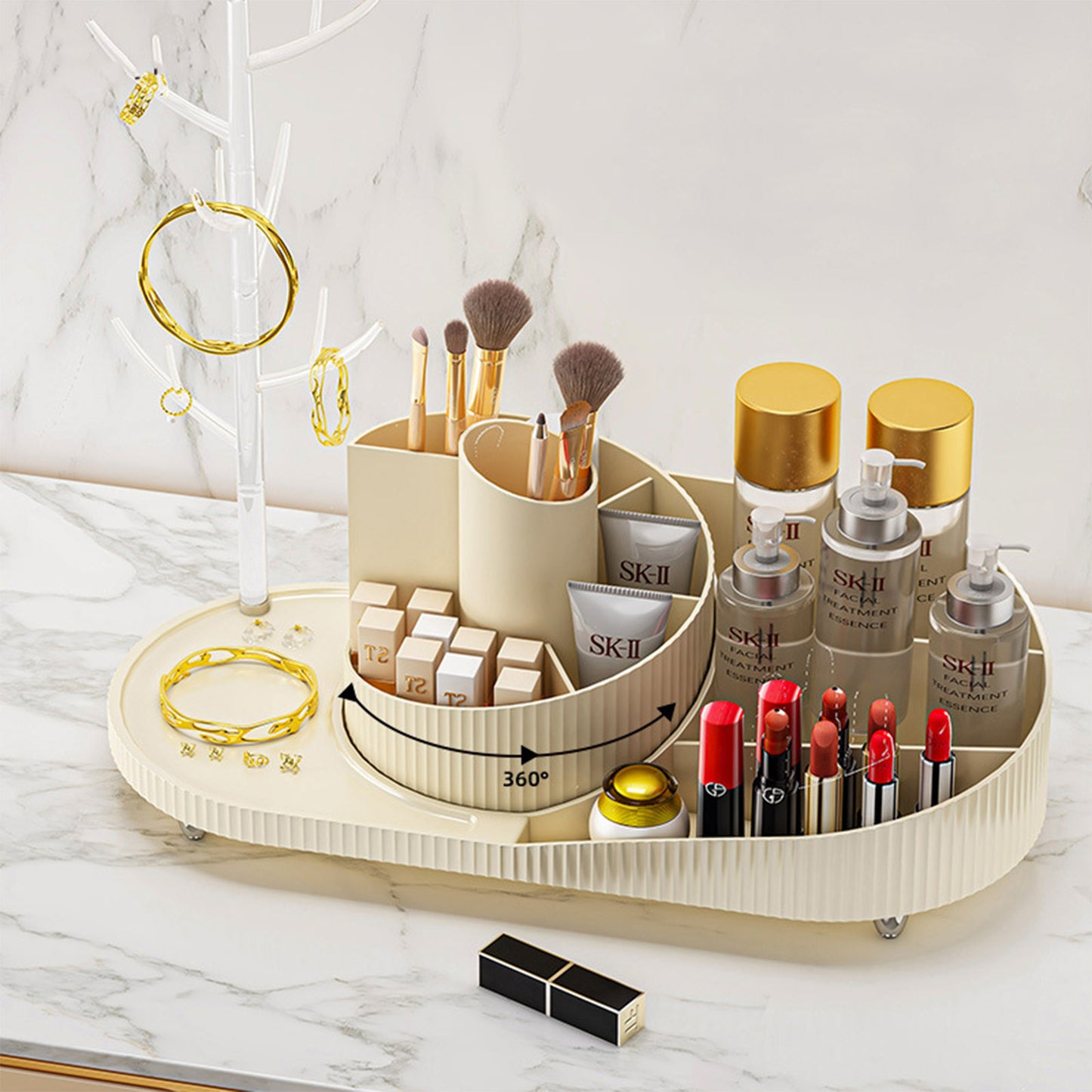 Rotating Makeup Organizer With Jewelry Storage Large Capacity Cosmetic Display Case Holds 20 Brushes, 10 Lipsticks, 8 Skincare Products 360 Spinning Vanity Organizer For Countertop & Bathroom