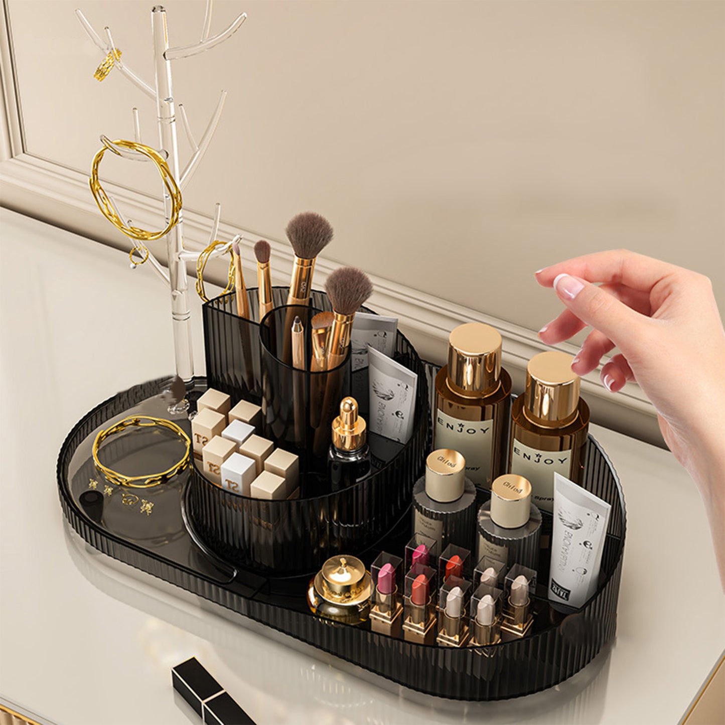 Rotating Makeup Organizer With Jewelry Storage Large Capacity Cosmetic Display Case Holds 20 Brushes, 10 Lipsticks, 8 Skincare Products 360 Spinning Vanity Organizer For Countertop & Bathroom