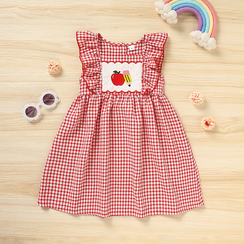 Toddler Girls' Back-to-School Apple Smocked Dress – Embroidered Casual Dress with Flutter Sleeves