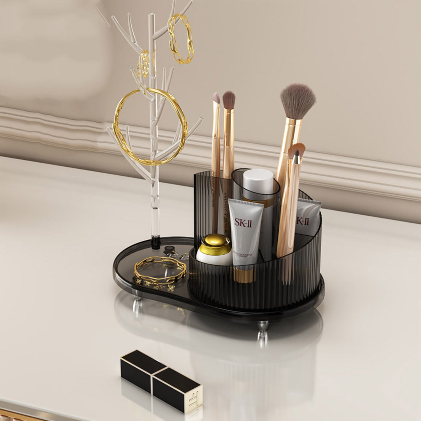 Rotating Makeup Organizer With Jewelry Storage Large Capacity Cosmetic Display Case Holds 20 Brushes, 10 Lipsticks, 8 Skincare Products 360 Spinning Vanity Organizer For Countertop & Bathroom