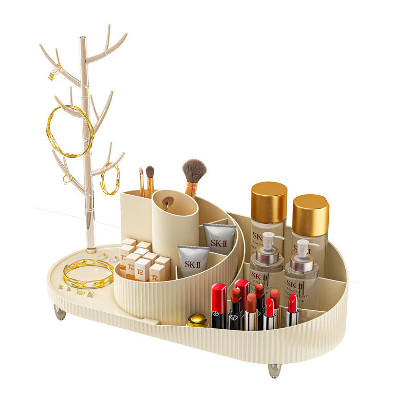 Rotating Makeup Organizer With Jewelry Storage Large Capacity Cosmetic Display Case Holds 20 Brushes, 10 Lipsticks, 8 Skincare Products 360 Spinning Vanity Organizer For Countertop & Bathroom