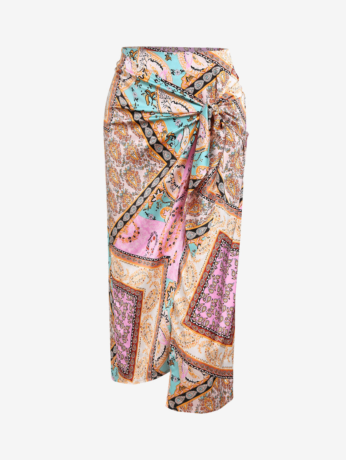 Women's Boho Skirt Asymmetrical Skirts Tied Floral Paisley Printed High Waist Ruched Skirts For Women