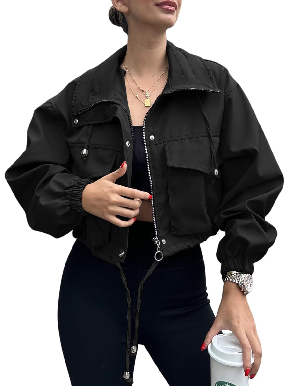 Solid Color Women's Short Jacket Zipper Trench Coat