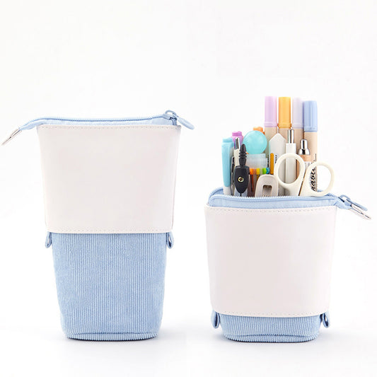 Multifunctional Creative Corduroy Retractable Pencil Case Telescopic Pencil Bag Pen Holder Stationery Case, PU Corduroy Stand-up Retractable Transformer Bag Colorful Organizer